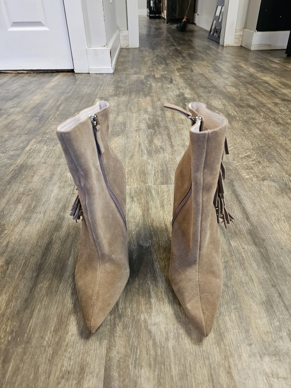 House of Harlow 1960 Taupe Suede Pointed-Toe Fringe Ankle Boots